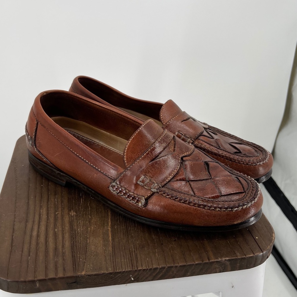 Johnston & Murphy Passport Brown Leather Woven Penny Loafers Mens 13 M 3815